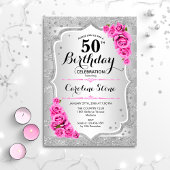 50e verjaardag - Zilveren strepen roze rozen Kaart