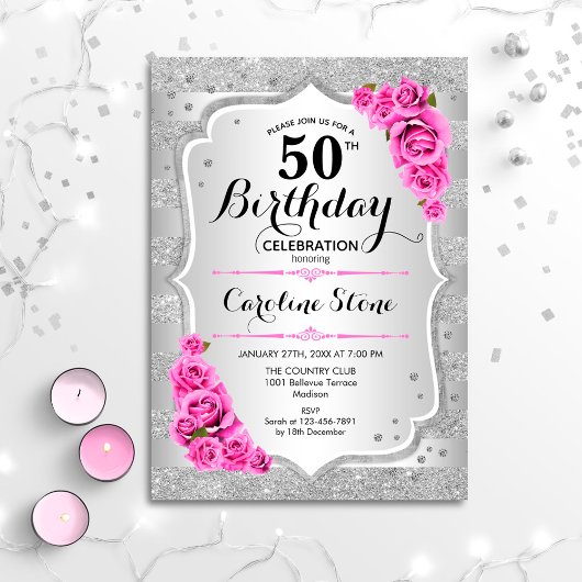 50e verjaardag - Zilveren strepen roze rozen Kaart