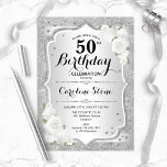 50e verjaardag - Zilveren strepen witte rozen Kaart<br><div class="desc">50e uitnodiging van de verjaardag. Elegant bloemontwerp in zilver en wit. Met faux glitter Silver Strees,  witte rozen,  stijlvol script font en confetti. Ideaal voor een glam verjaardagsfeestje.</div>