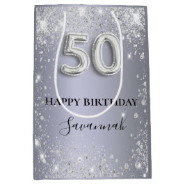 50e verjaardag zilverglitterstofmonogram medium cadeauzakje