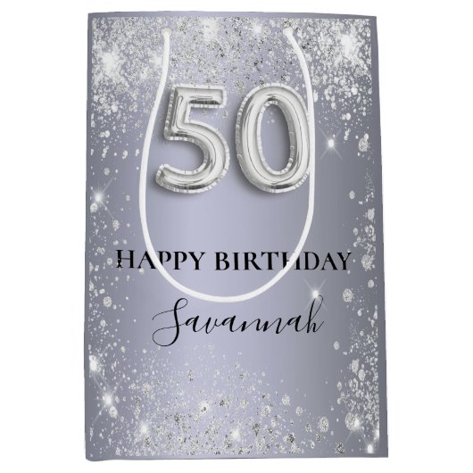 50e verjaardag zilverglitterstofmonogram medium cadeauzakje (Voorkant)