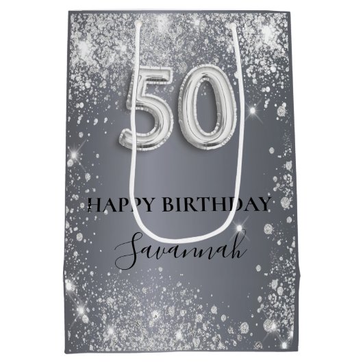 50e verjaardag zilverglitterstofmonogram medium cadeauzakje (Achterkant)