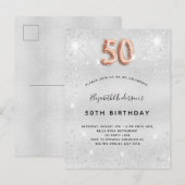 50e verjaardag zilvermetaal roos goud glitter uitnodiging briefkaart (Voorkant / Achterkant)