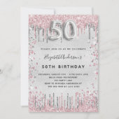50e verjaardag zilverroze glitter druppelt op kaart (Voorkant)
