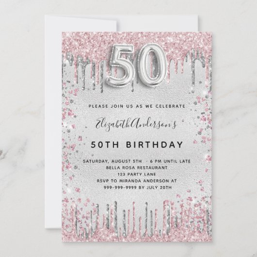 50e verjaardag zilverroze glitter druppelt op kaart (Voorkant)