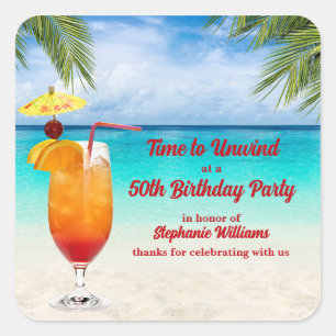 50e verjaardag Zomer Cocktail Strandfeest Vierkante Sticker