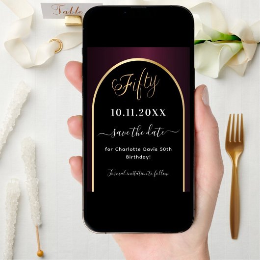 50e verjaardag zwart bordeauxrood gouden boog save the date