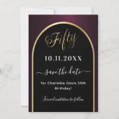 50e verjaardag zwart bordeauxrood gouden boog save the date (Voorkant)