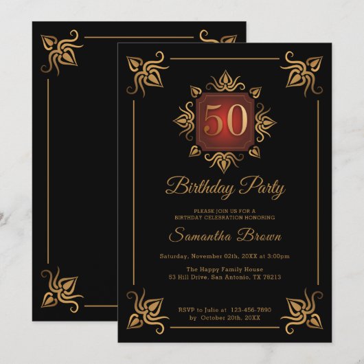 50e verjaardag zwart en goud kaart (Voorkant / Achterkant)