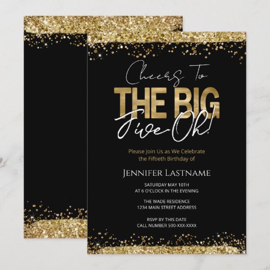 50e verjaardag, zwart en goud kaart (Voorkant / Achterkant)
