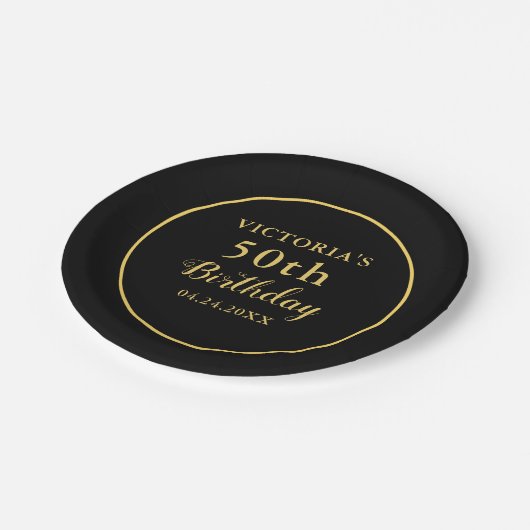 50e verjaardag, zwart en goud papieren bordje (Gekanteld)