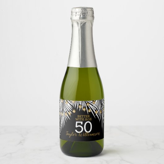 50e verjaardag, zwart en gouden mini sparkling wijnetiket (Voorkant)