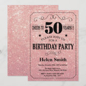 50e Verjaardag Zwart en Roze Rose Gold Glitter Kaart (Voorkant / Achterkant)