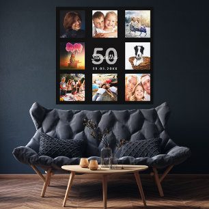 50e verjaardag zwart fotocollage monogram canvas afdruk