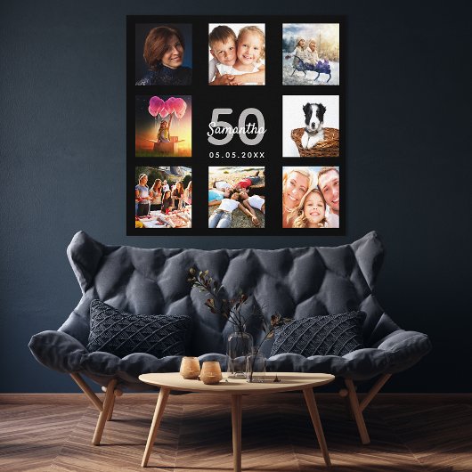 50e verjaardag zwart fotocollage monogram canvas afdruk