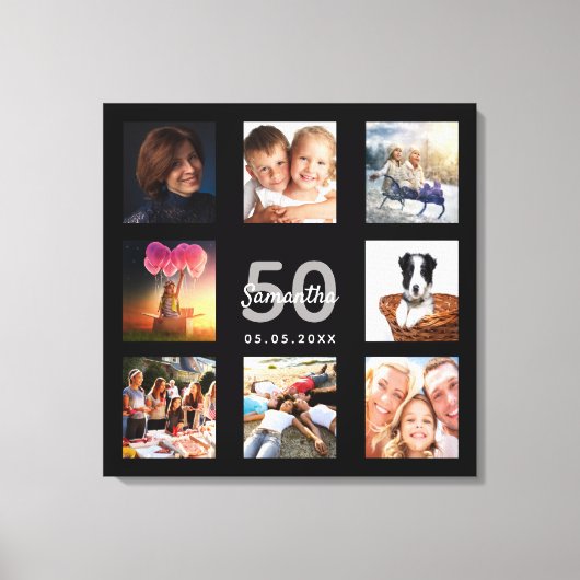 50e verjaardag zwart fotocollage monogram canvas afdruk (Voorkant)