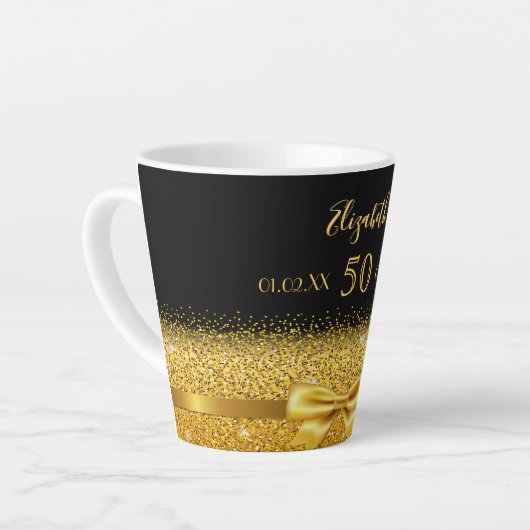 50e verjaardag zwart goud boog latte mok (Linkerhoek)