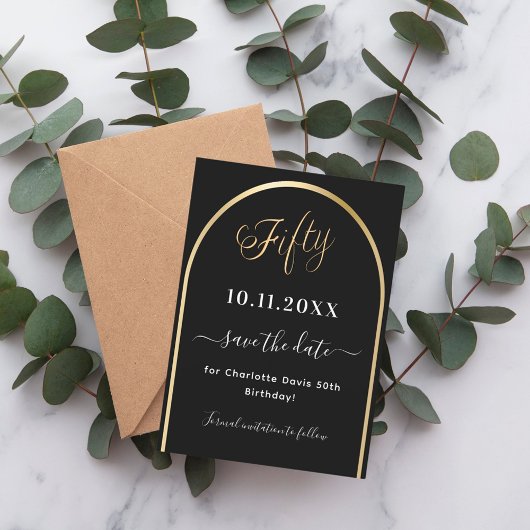 50e verjaardag zwart goud boog save the date
