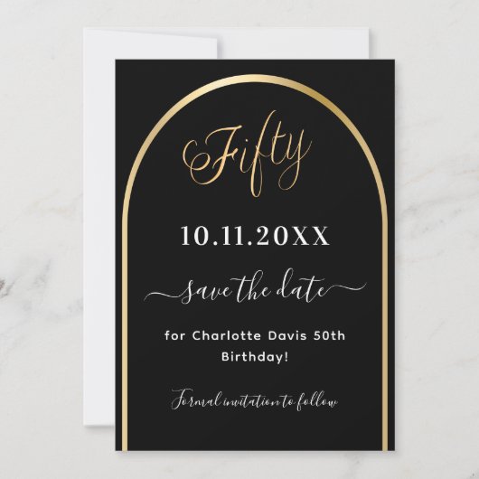 50e verjaardag zwart goud boog save the date (Voorkant)