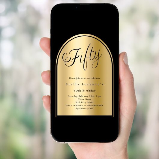 50e verjaardag zwart goud boog script elegant kaart