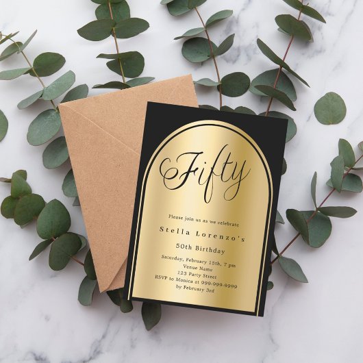 50e verjaardag zwart goud boog script elegant kaart