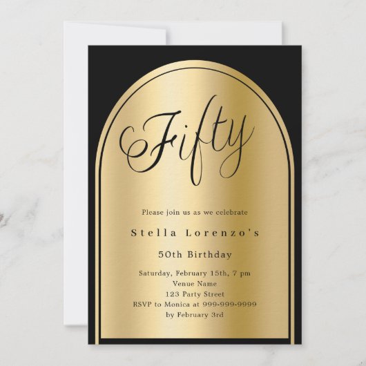 50e verjaardag zwart goud boog script luxe kaart (Voorkant)