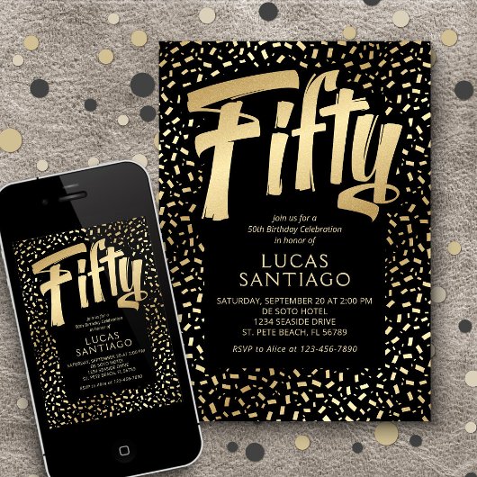 50e verjaardag Zwart Goud Confetti Kaart