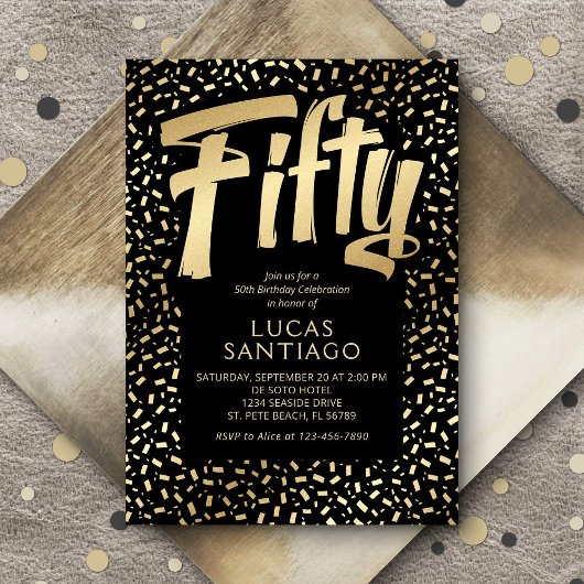 50e verjaardag Zwart Goud Confetti Kaart