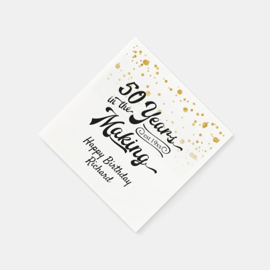 50e Verjaardag Zwart Goud Confetti Retro Script Servet (Hoek)