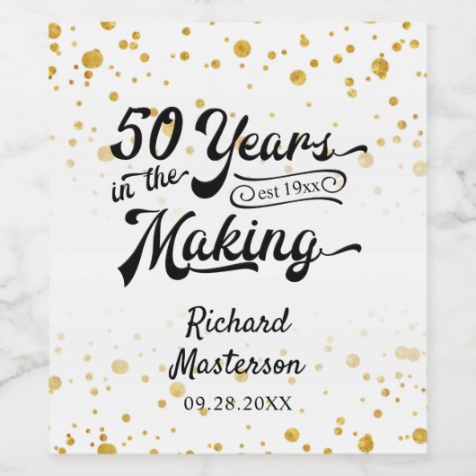 50e Verjaardag Zwart Goud Confetti Retro Script Wijn Etiket (Enkel label)