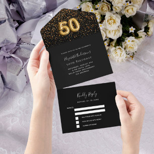 50e verjaardag zwart goud confetti RSVP All In One Uitnodiging