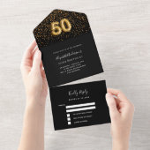 50e verjaardag zwart goud confetti RSVP All In One Uitnodiging (Afscheurbaar)