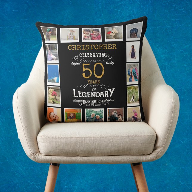 50e verjaardag zwart goud foto collage kussen (Personalized 50th birthday gift throw pillow with 16 photos of your choice.)