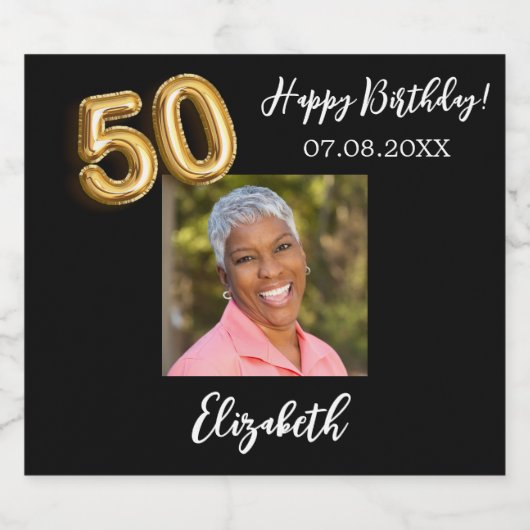 50e verjaardag zwart goud foto sparkling wijnetiket (Enkel label)
