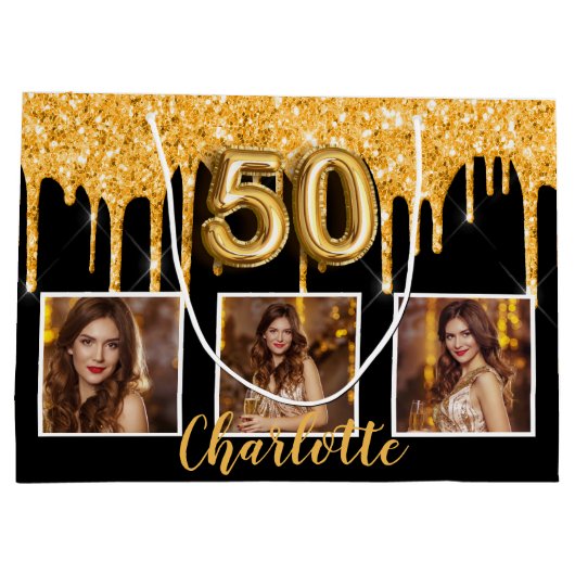 50e verjaardag zwart goud glitter druppelt foto groot cadeauzakje (Achterkant)