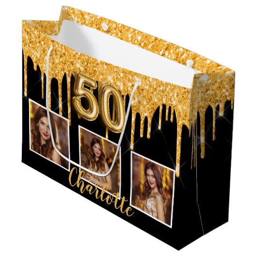 50e verjaardag zwart goud glitter druppelt foto groot cadeauzakje (Voorkant Gekanteld)