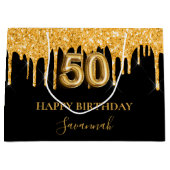 50e verjaardag zwart goud glitter druppelt naam groot cadeauzakje (Voorkant)