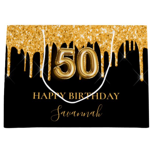 50e verjaardag zwart goud glitter druppelt naam groot cadeauzakje (Voorkant)