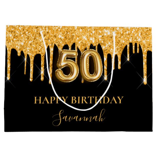 50e verjaardag zwart goud glitter druppelt naam groot cadeauzakje (Achterkant)
