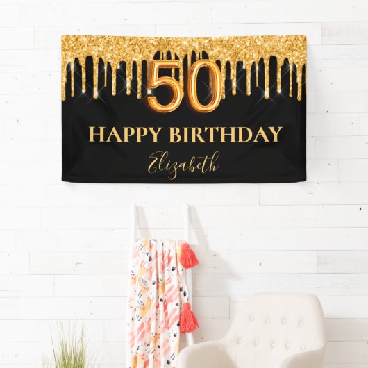50e verjaardag zwart goud glitter druppelt naam spandoek (Insitu)