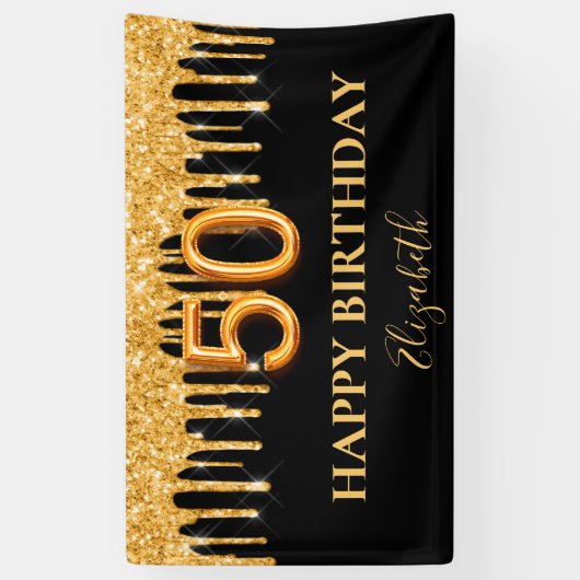 50e verjaardag zwart goud glitter druppelt naam spandoek (Verticaal)