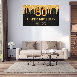 50e verjaardag zwart goud glitter druppelt naam spandoek