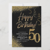 50e verjaardag Zwart & Goud Glitter Modern Kaart (Voorkant)