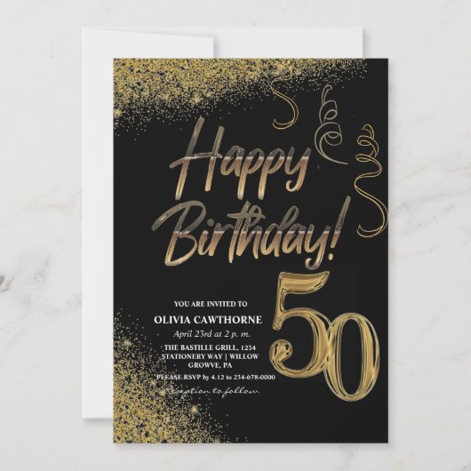 50e verjaardag Zwart & Goud Glitter Modern Kaart (Voorkant)