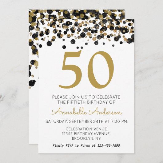 50e Verjaardag Zwart Goud Glitter Sparkle Confetti Kaart (Voorkant / Achterkant)