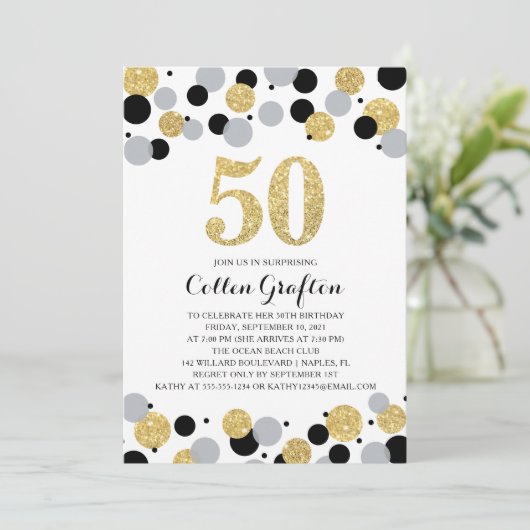 50e verjaardag Zwart Goud Grijs Glitter Confetti Kaart (Staand voorkant)