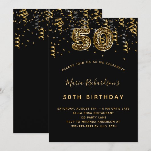 50e verjaardag zwart goud Leopard print confetti Kaart (Voorkant / Achterkant)