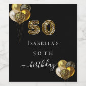 50e verjaardag zwart goud luipaard print ballonnen wijn etiket (Enkel label)