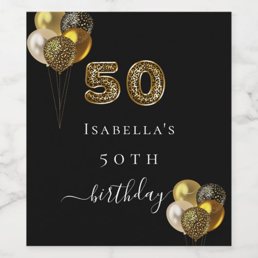 50e verjaardag zwart goud luipaard print ballonnen wijn etiket (Enkel label)