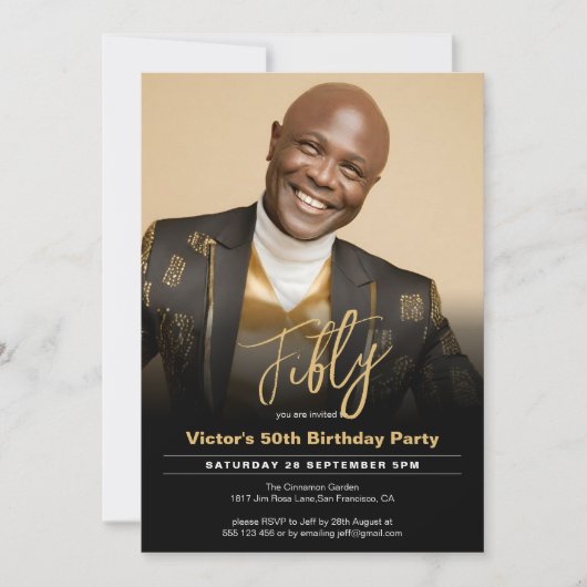 50e verjaardag zwart goud minimale moderne foto kaart (Voorkant)